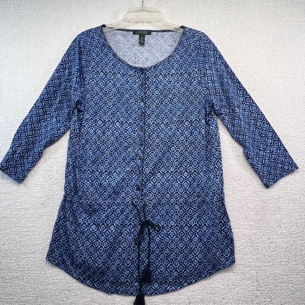Lauren Ralph Lauren Blue Geo‎ Print Tassel Tie Button Front Tunic Top Women's
